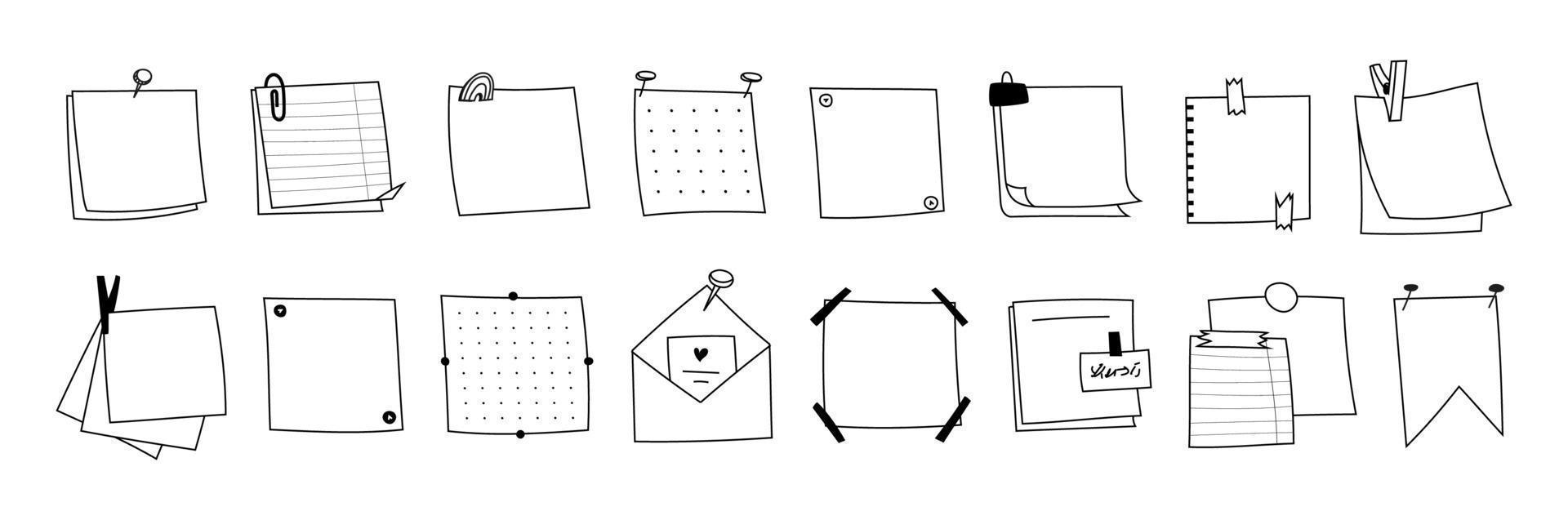 Set of hand-drawn Memo notepads paper outline. Doodle Blank square sheets of paper for notes. Various types of envelope with pins, clips, stickers, tape. Vector of sketch reminders isolated.