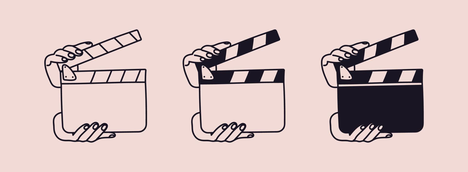 A set of clapperboards in hands. Hands are holding an open director's clapboard isolated. Vector illustration of a tool for filming and editing video.