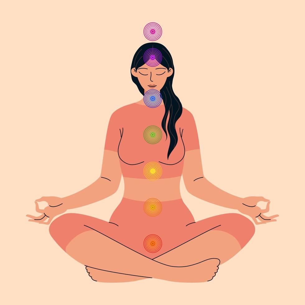 Seven chakras. Reiki energy. The woman is sitting in the lotus position and meditating. Self-therapy vector illustration isolated.