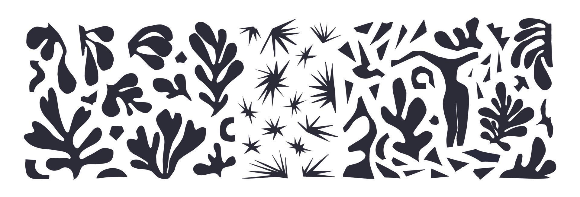 un conjunto de plantas abstractas y diferentes formas inspiradas en matisse. ilustración vectorial negro sobre recortes de papel blanco aislados sobre fondo azul. figura femenina, estrellas, algas, trozos de papel cortado. vector