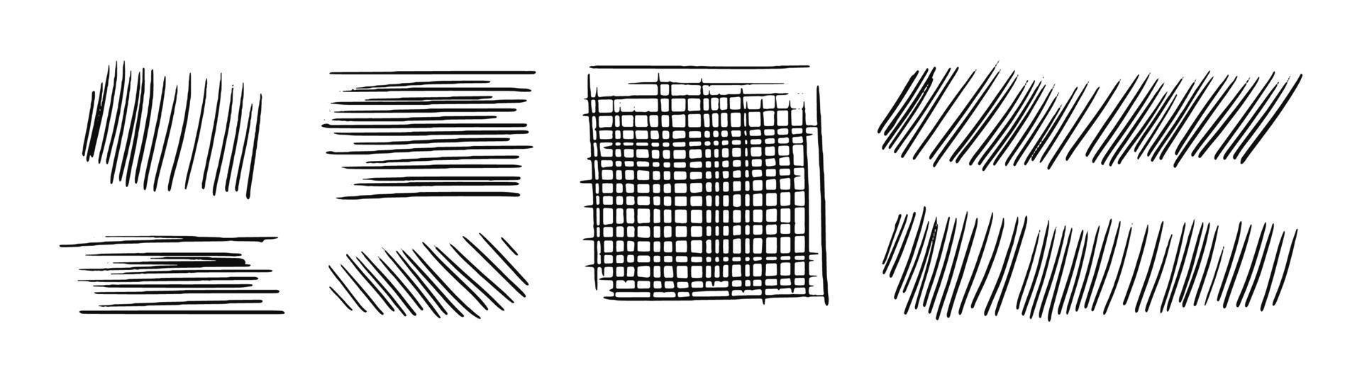 Drawn hatching lines and a square. Diagonal, vertical, or parallel strokes. A set of hand drawn hatched strikethrough doodles. Vector stock illustration isolated on white.