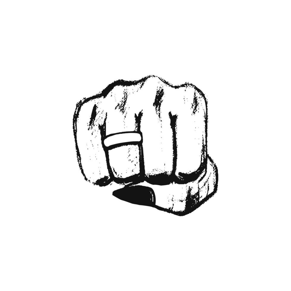 Hand-drawn female fist. Fist with a ring on the finger. Woman punch in grunge style. Vector illustration of a female hand as opposition, strength and struggle.