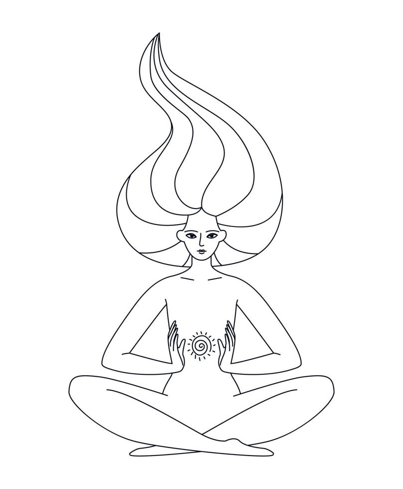 Woman in lotus position outline. Drawing Reiki energy between female hands. Vector line illustration connection of a person with the divine isolated on a white background.