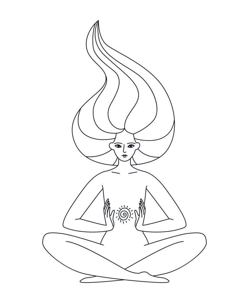 mujer en el contorno de la posición de loto. dibujando energía reiki entre manos femeninas. conexión de ilustración de línea vectorial de una persona con lo divino aislado en un fondo blanco. vector