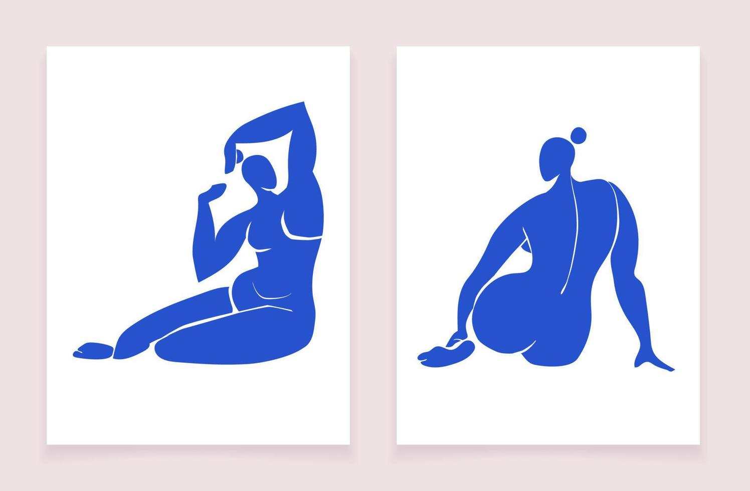 Trendy posters with blue female bodies inspired by Matisse. Cut out female figures in different poses on a white background. Vector illustration of a postcard in a minimal style.