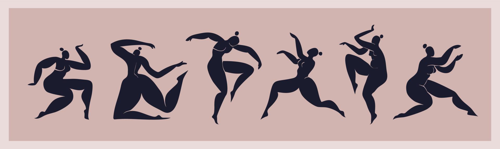 matisse inspiró a mujeres bailando aisladas. conjunto de siluetas femeninas negras recortadas. mujeres con curvas abstractas cortadas de papel. ilustración vectorial inspirada en matisse. vector