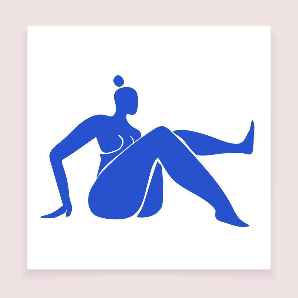 una mujer inspirada en matisse. recorta el cuerpo femenino en azul sobre un fondo blanco. ilustración vectorial de moda de una postal cuadrada en un estilo mínimo. vector