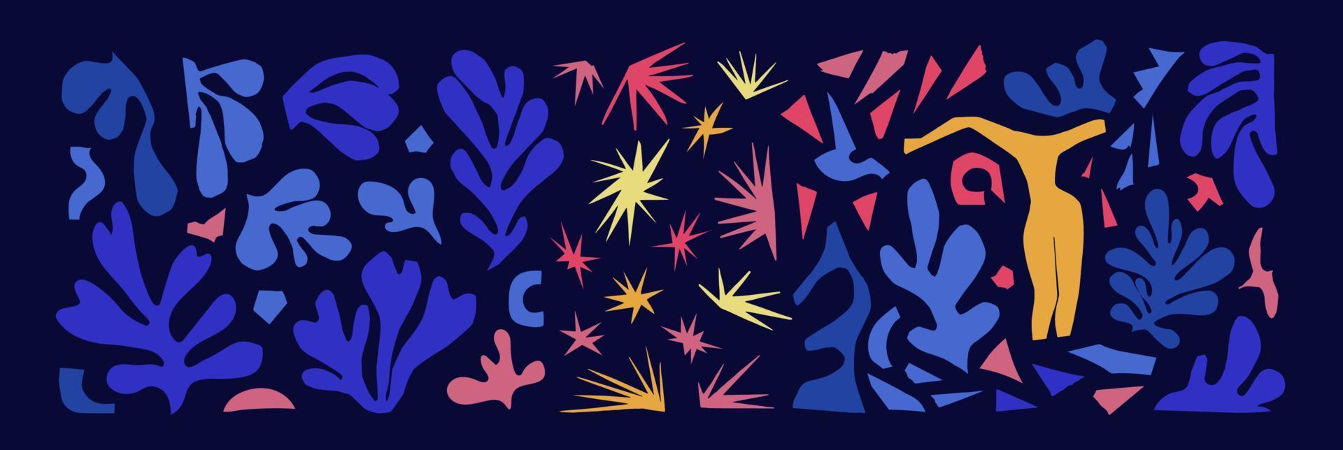 A set of abstract plants and different shapes inspired by Matisse. Vector colored paper cutouts isolated on blue background. Female figure, stars, algae scraps of cut paper.
