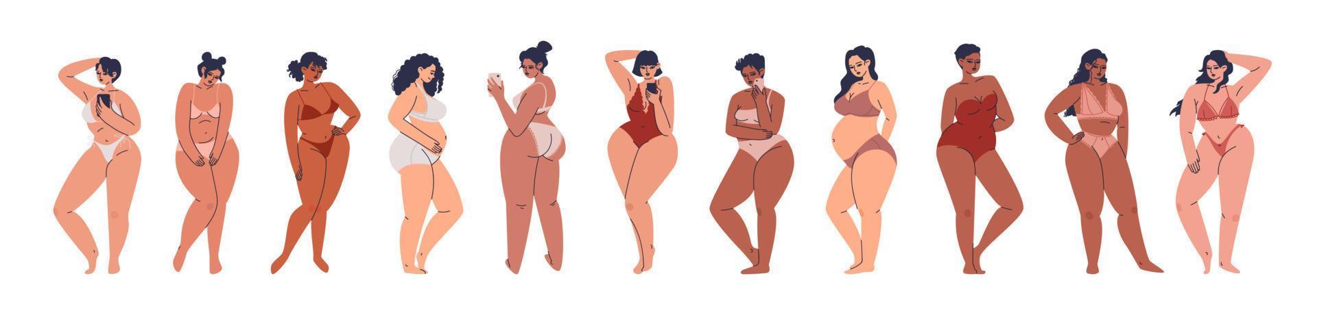 Beautiful full women set. Isolated of Chubby diverse ladies in different swimsuits with phones. Pregnant women, moms, confident and shy models pose on a white background. vector