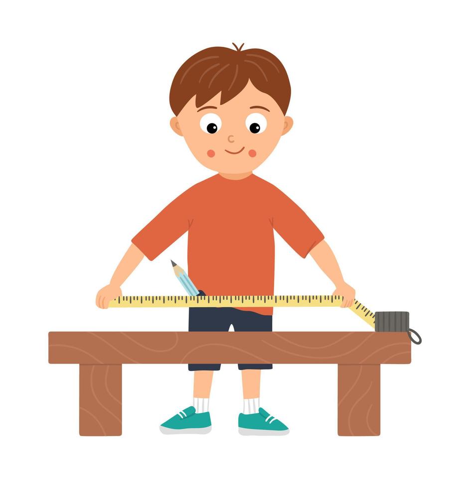 Vector working boy. Flat funny kid character doing measurements with tape-measure on work bench. Craft lesson illustration. Concept of a child learning how to work with tools. Picture for workshop