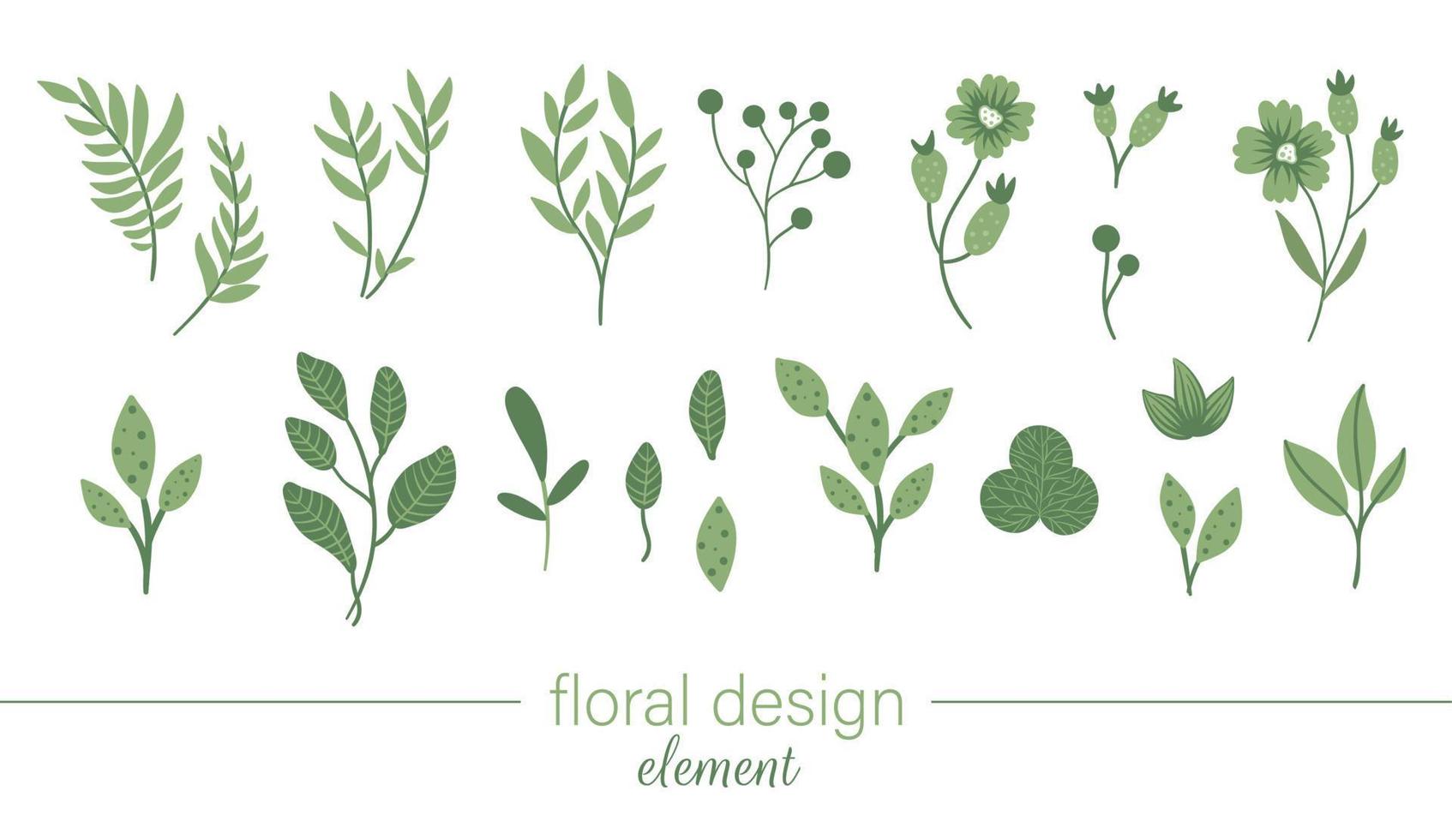 Vector green floral clip art set. Flat trendy illustration with flowers, leaves, branches, berries. Meadow, woodland, forest, garden elements isolated on white background. Hand drawn plant elements