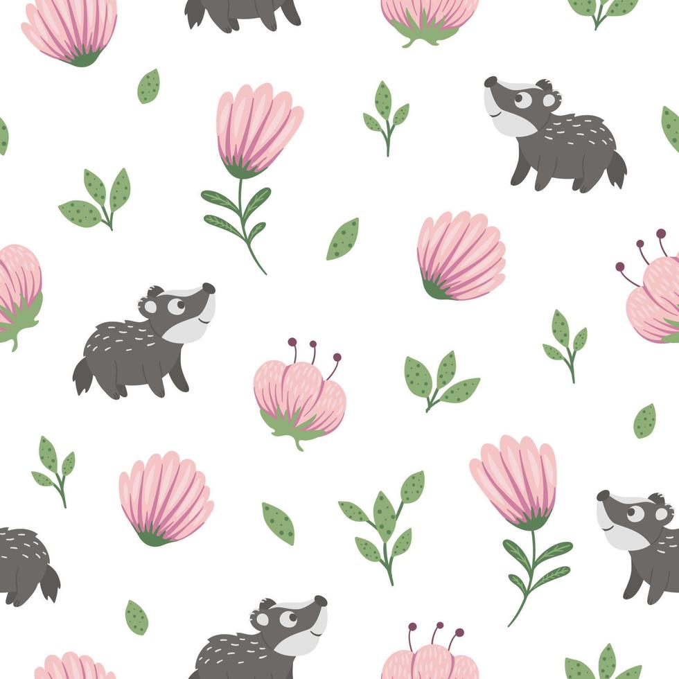 patrón vectorial sin costuras de tejón de bebé plano y divertido dibujado a mano con hojas estilizadas y flores rosas. fondo repetitivo con temática forestal para el diseño de los niños. lindo telón de fondo animal vector