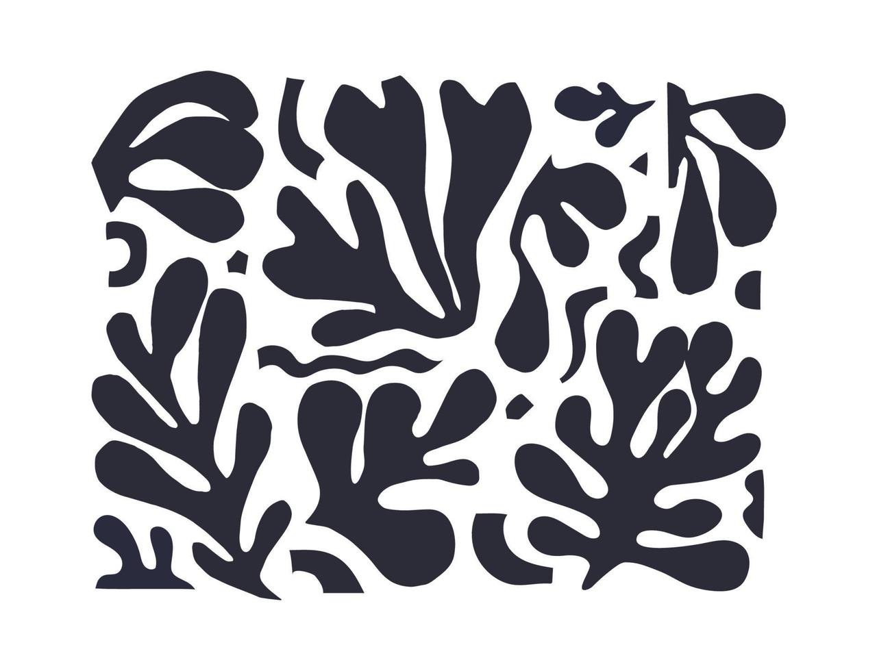 composición de tendencia de plantas abstractas, algas inspiradas en matisse. trozos de collage de papel cortado. ilustración vectorial negro sobre blanco restos de papel aislado. vector