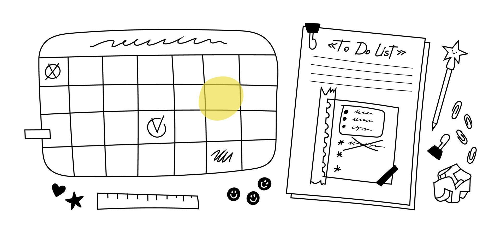 Set of drawn calendar, planner and stacks of papers with notes and assorted stationery. Doodle sheet of crumpled paper, ruler, paper clips, pen with a star. Scheduler with day of the week stamps. vector