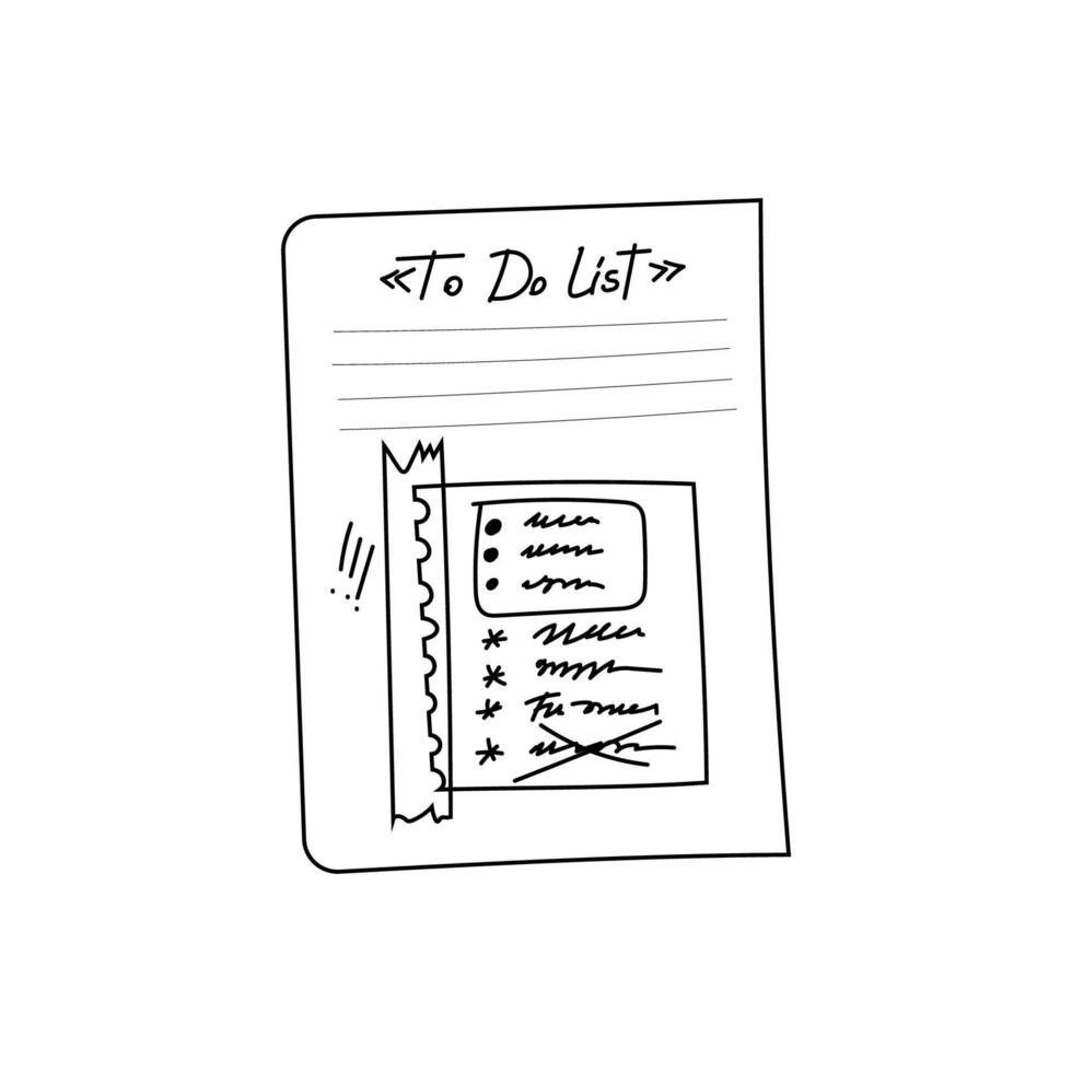 garabatear la lista de tareas pendientes entre comillas aisladas. una página de un bloc de notas para notas. cinta rota dibujada a mano en una hoja de un diario personal. ilustración vectorial de un bloc de notas de papel con notas importantes en un blanco. vector