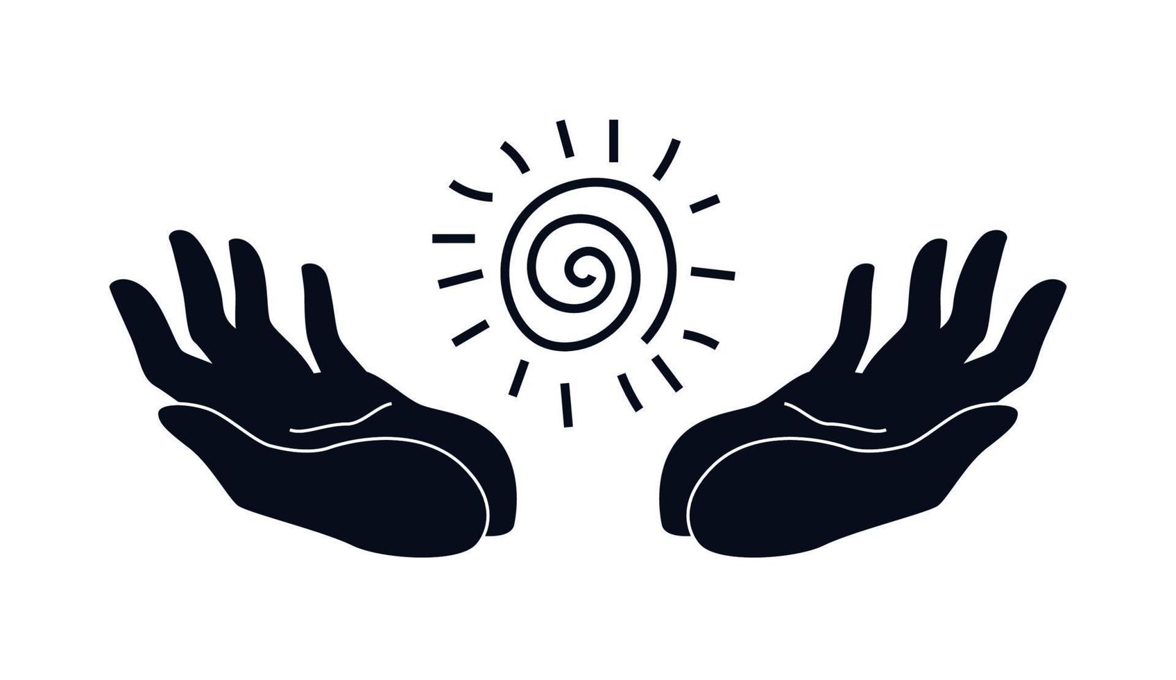 negro sobre blanco silueta de manos abiertas sosteniendo el símbolo de energía reiki. concepto dibujado a mano de manos con energía curativa. ilustración vectorial aislado sobre fondo blanco. vector