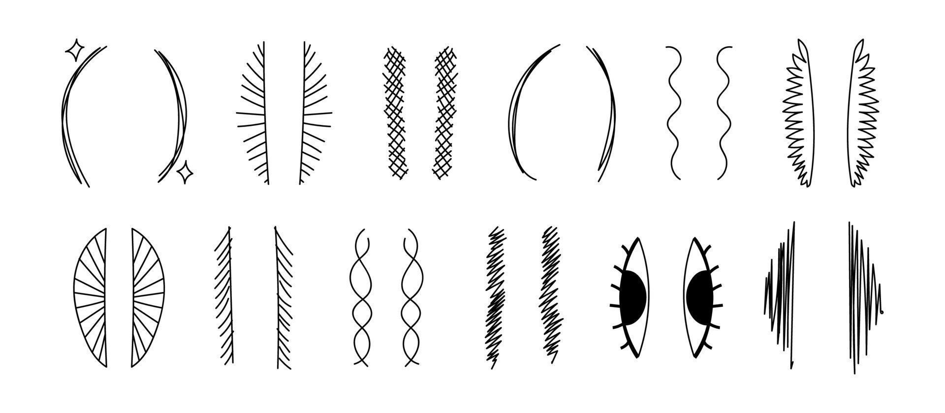 paréntesis de garabatos. varios soportes de dibujo. paréntesis de garabatos dibujados a mano. ilustración vectorial de corchetes ondulados, tachados y sombreados aislados en fondo blanco. vector