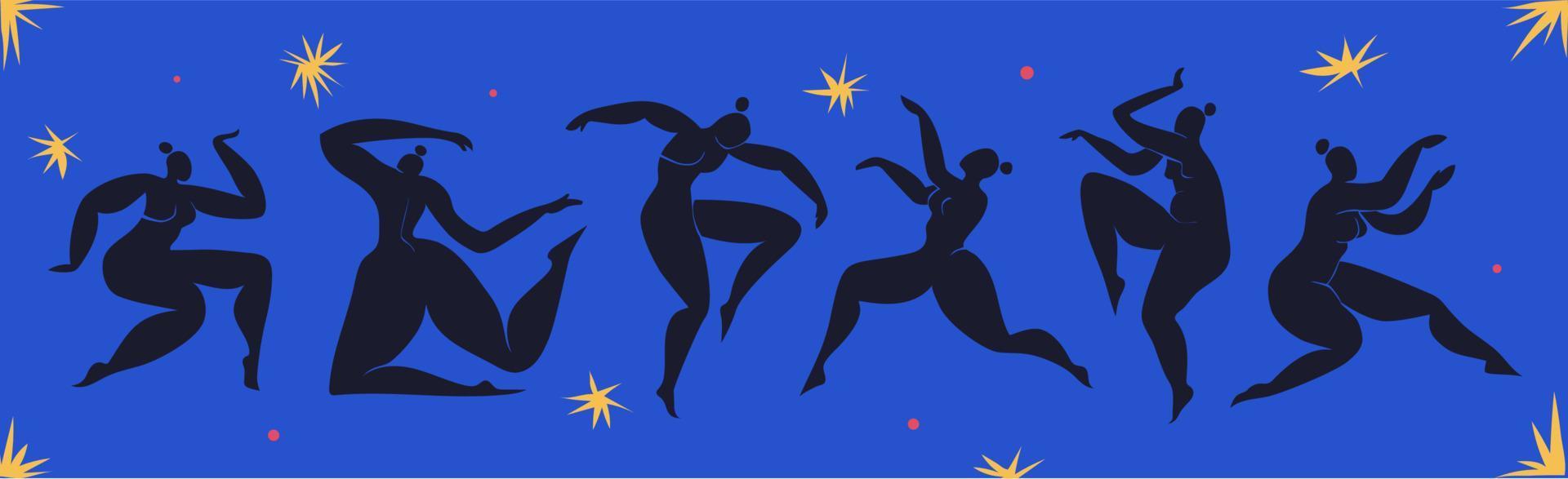 Matisse inspired Dancing Women. Set of cut out female silhouettes on a blue background with stars. Black cut out abstract curvy women. Vector illustration inspired by Matisse.