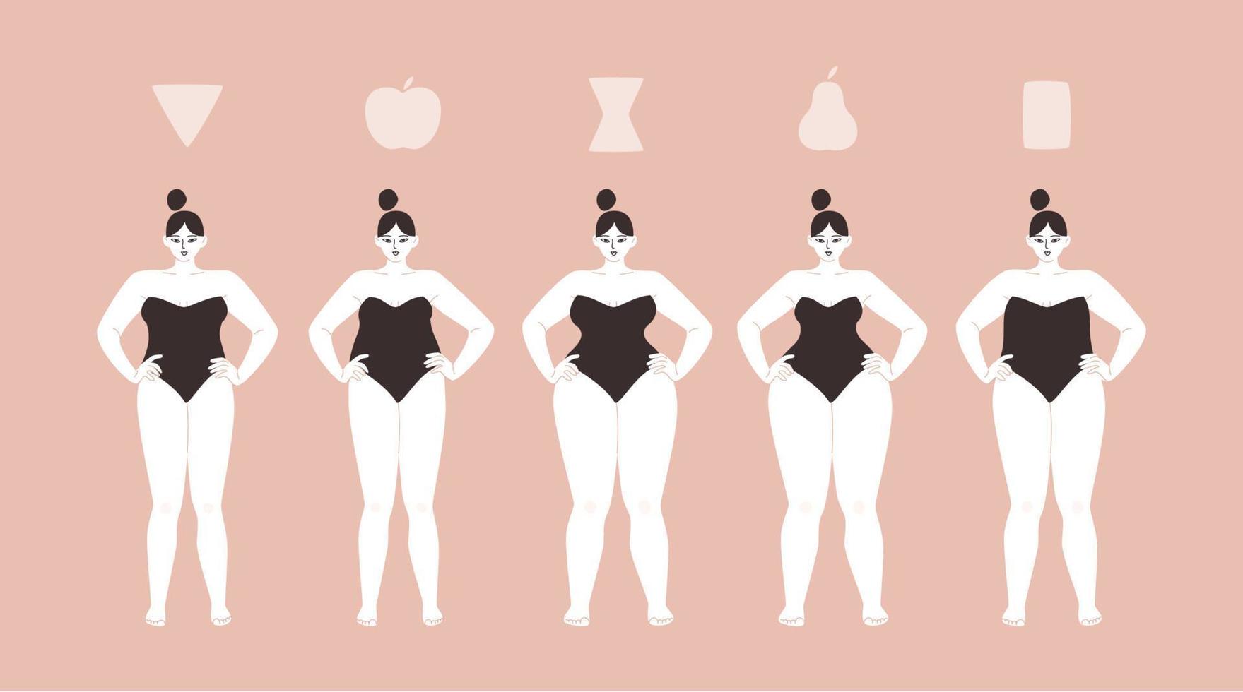 mujeres con curvas de diferentes tipos de cuerpo aisladas. ilustración vectorial de chicas gorditas de piel blanca en traje de baño negro. los signos son tipos de formas de triángulo, manzana, reloj de arena y rectángulo. vector