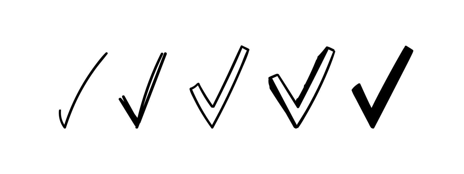 Doodle check marks set. Hand-drawn scribble check marks. Vector illustration of different signs of the right choice, questionnaire, done.