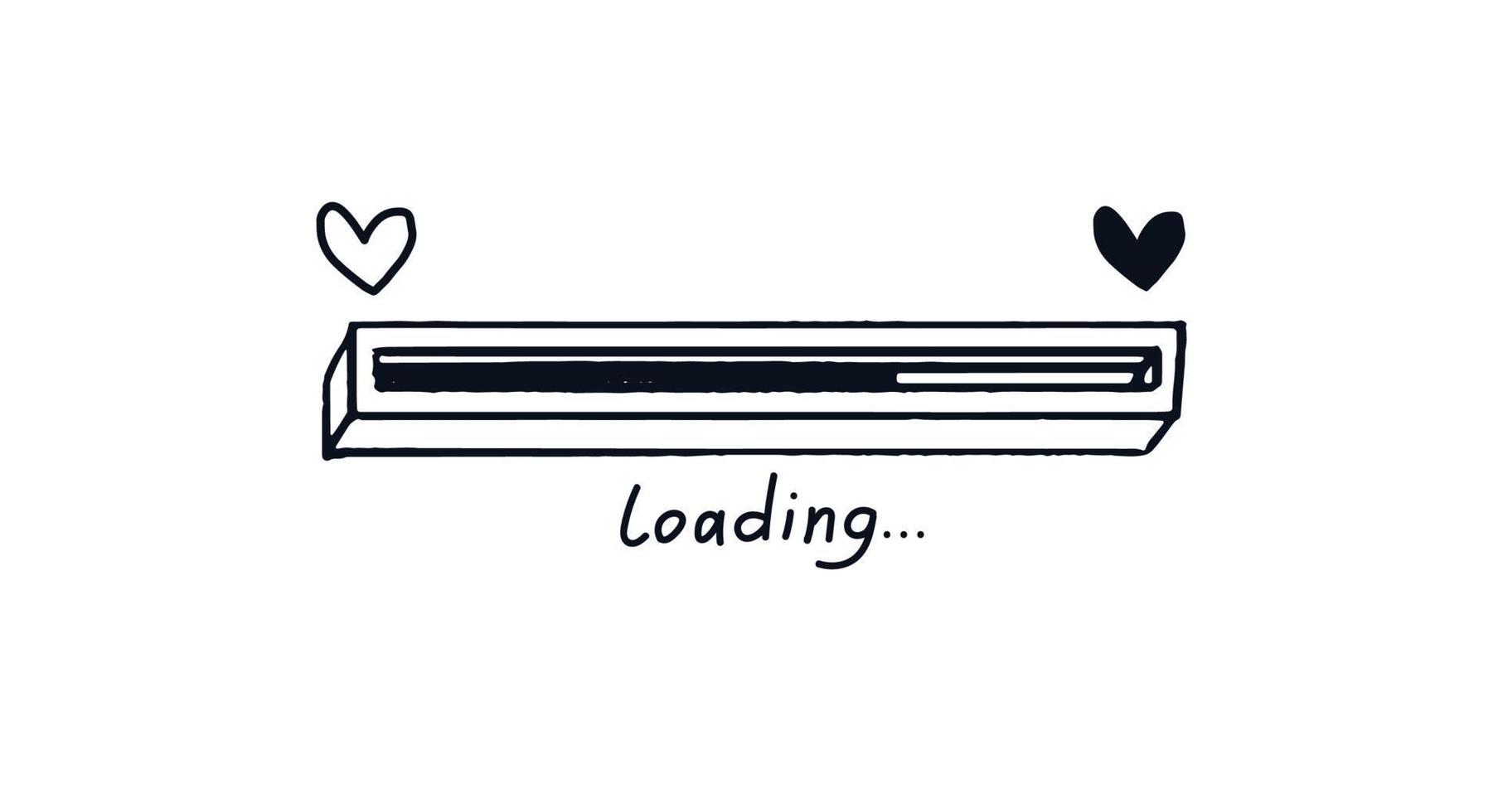 Doodle love loading bar. Hand-drawn 3D progress bar from empty heart to full. Black on white concept of web page upload with signature. Vector illustration isolated on white background.