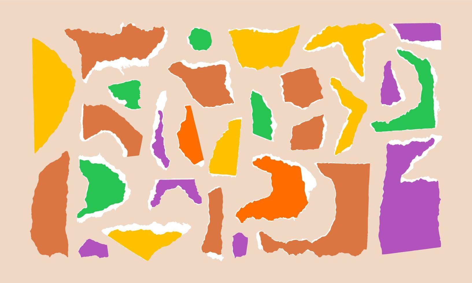 Bundle torn colored paper with white edge isolated on beige background. Vector illustration of torn paper scraps of different sizes and shapes. Crumbled colored pieces of pages.