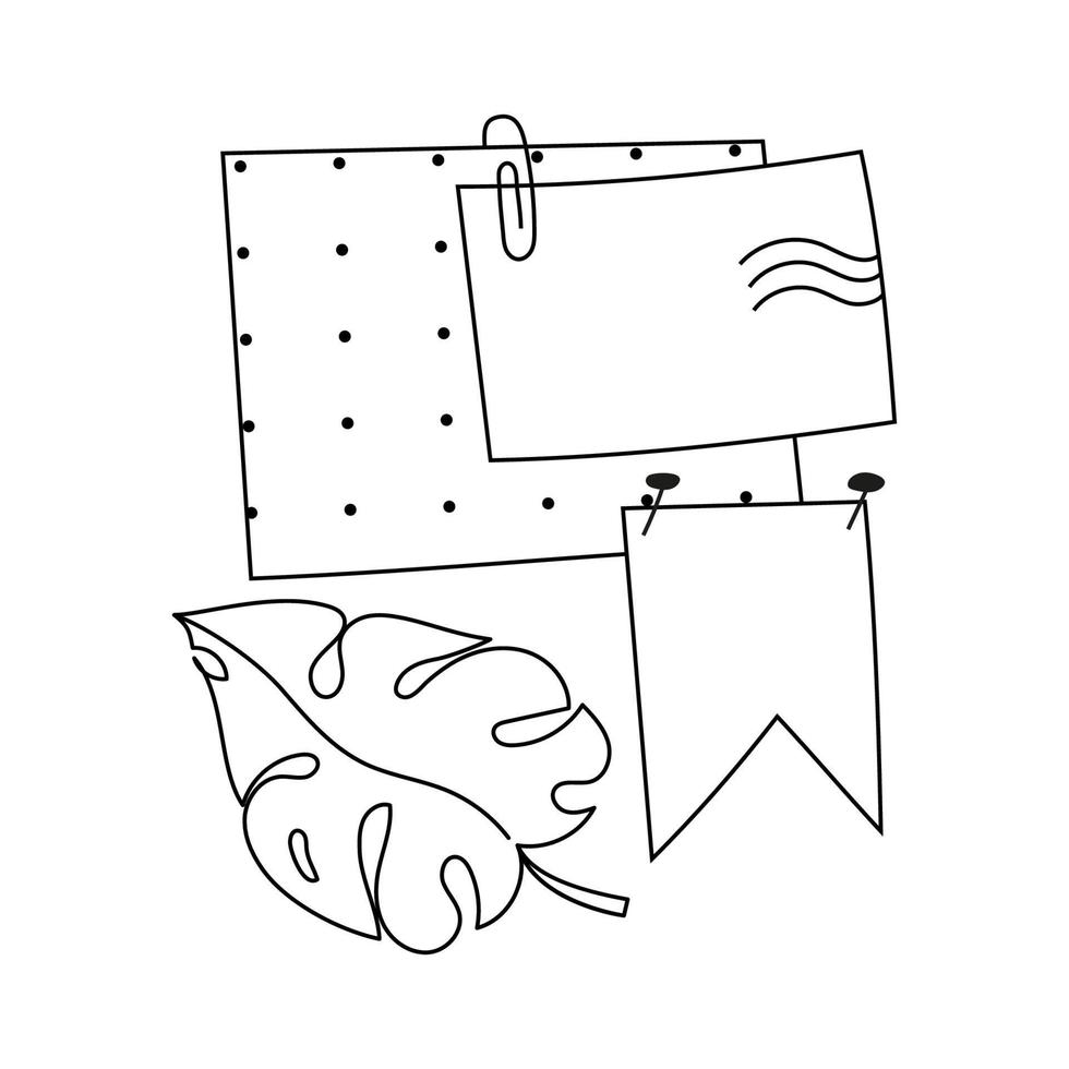 hojas de papel dibujadas a mano con clip de papel y línea de alfileres. doodle bandera, monstera y postal con lunares aislados. páginas de diario decoradas con plantas. lindas hojas de recuerdos con sello de esquema abstracto. vector