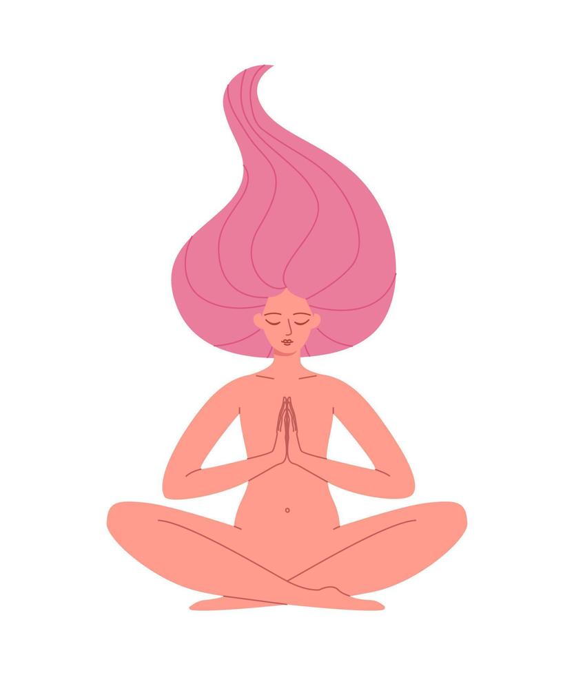 la mujer está sentada en posición de loto, las manos están conectadas. la mujer está meditando. ilustración vectorial de color de una niña en armonía consigo misma y con el mundo que la rodea. vector