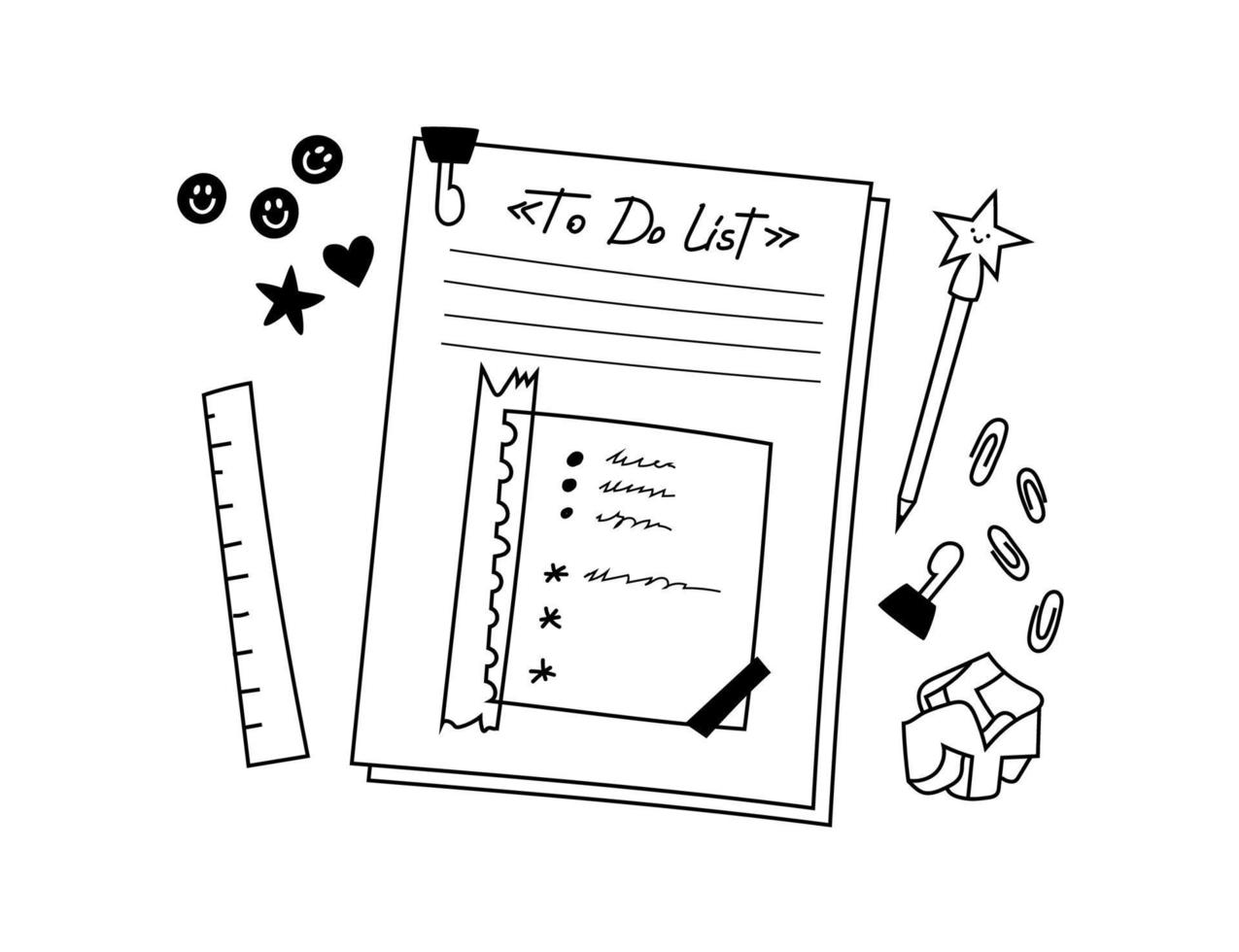 A hand-drawn to-do list and checklist page. Doodle sheets with notes, a fun pen, paper clips, a ruler and assorted stickers. Crumpled sheet of paper. Vector illustration isolated.