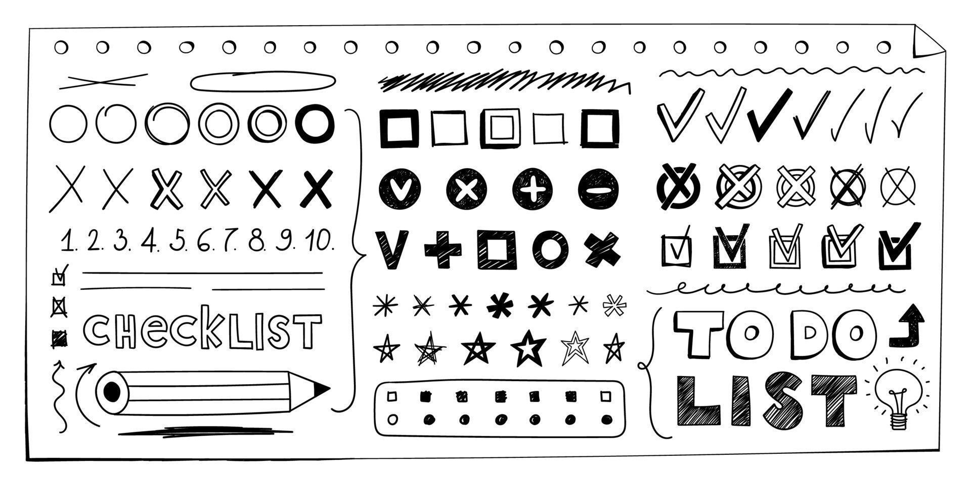 Hand-drawn check marks, asterisks, checkboxes. Set of doodle checklist, outline and shaded signs and symbols. Vector illustration of isolated check marks, crosses, brackets on a white background