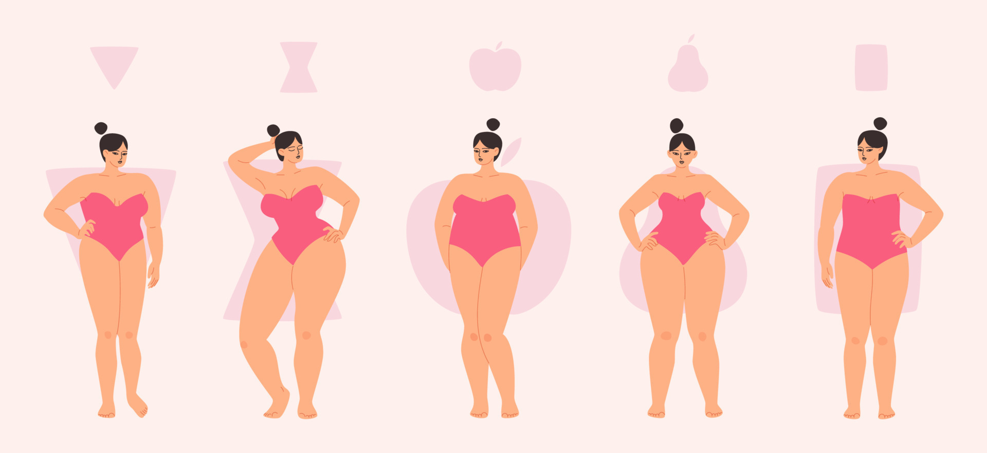 Plump female body types are apple, triangle, hourglass and rectangle.  Diverse women in swimsuits stand in a row. Vector illustration of chubby  girls in pink isolated. 12189045 Vector Art at Vecteezy