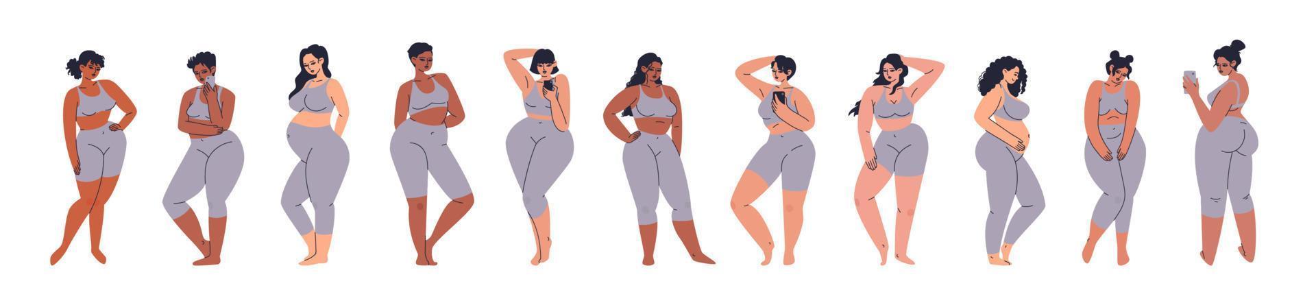 Curvy women in a gray skin-tight suit. Set of young chubby women. Overweight  and pregnant adult girls. Vector stock illustration of beautiful plus size  people on a white background. 12189047 Vector Art