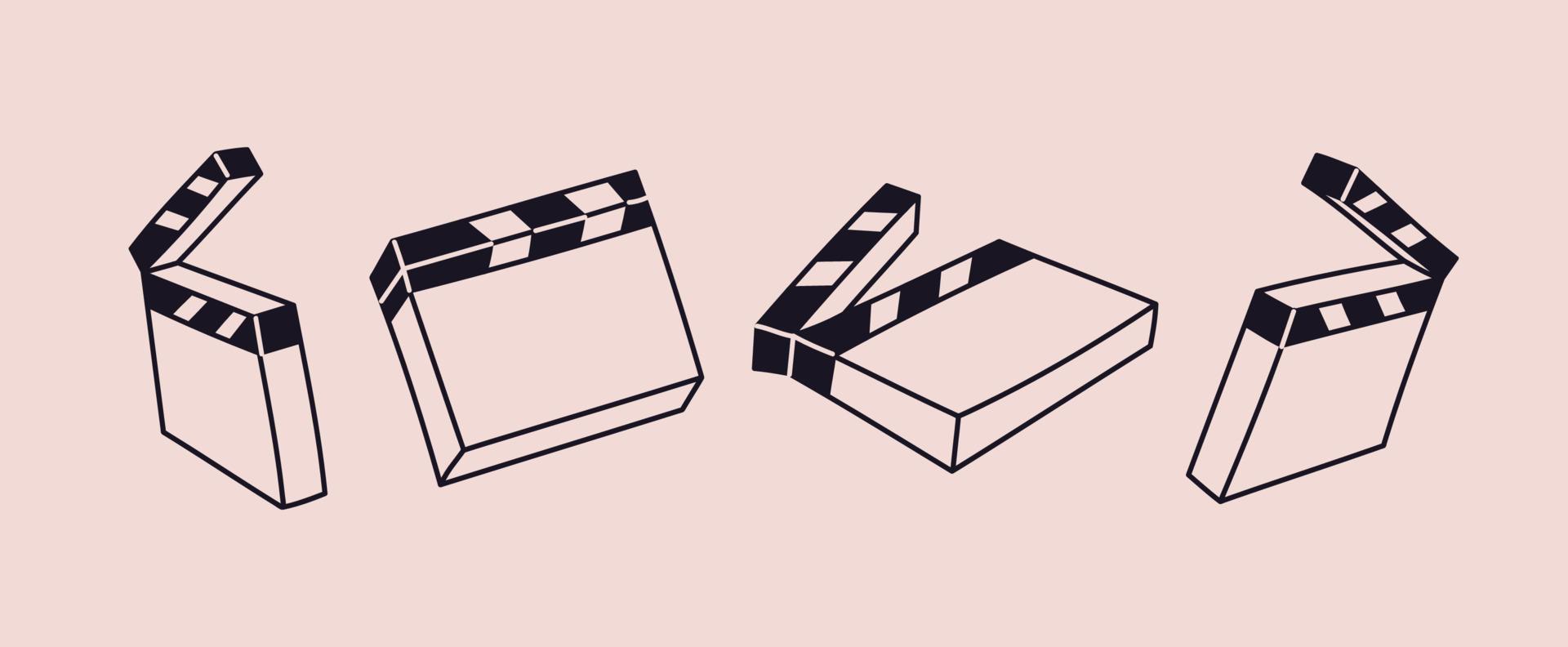 Clapperboard drawn from different angles. Isolated clapperboard set. Vector illustration of doodle cinematography items.