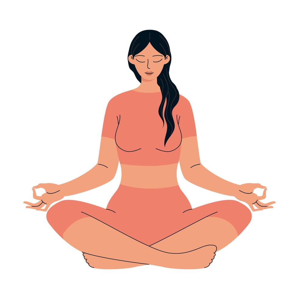 The woman is sitting in the lotus position and meditating. A woman wearing a tight yoga suit. Vector illustration of self-therapy, relaxation isolated on white background.