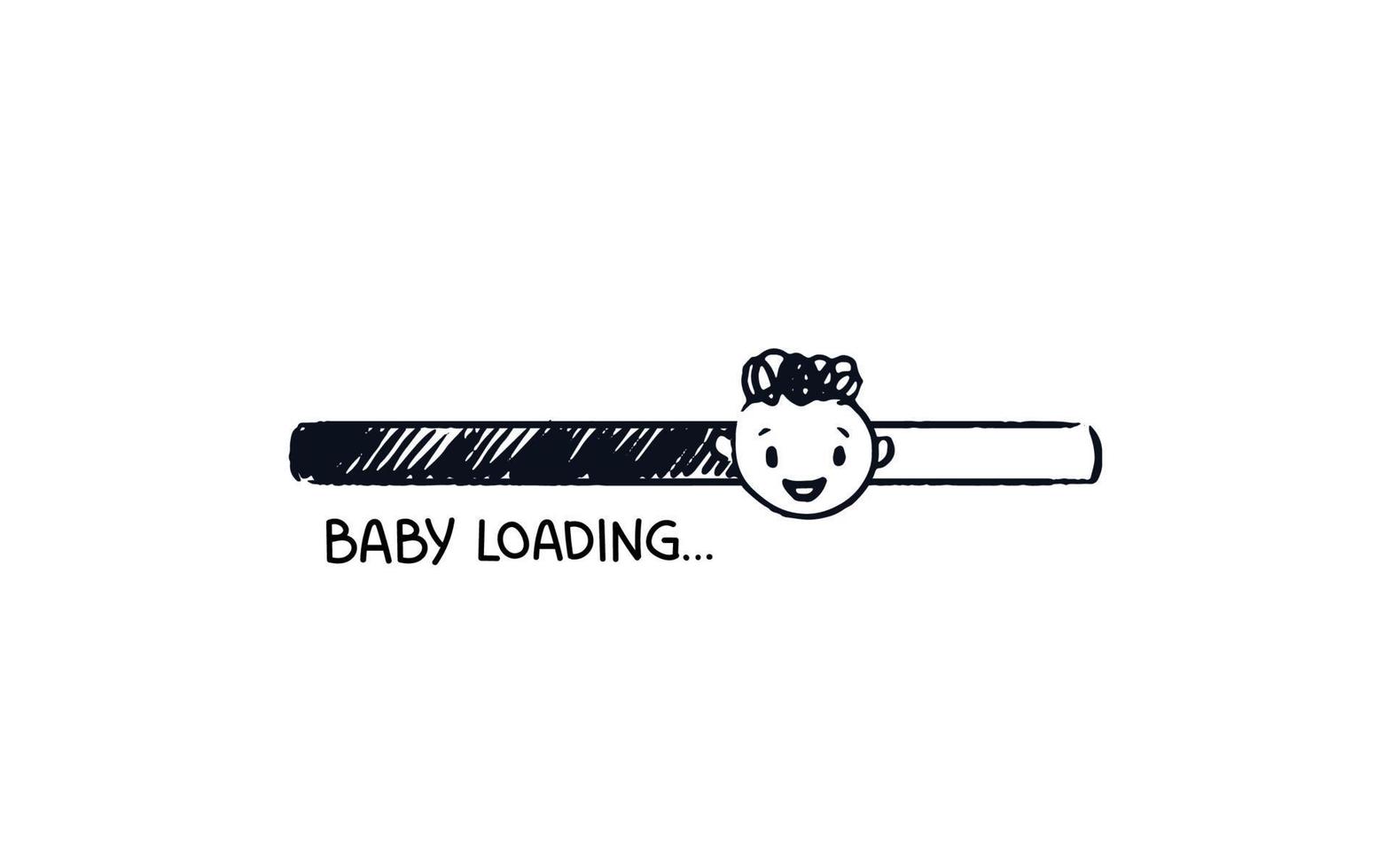 Baby loading. Hand drawn progress bar with download status cute kid face. Black on white shaded stripe of expected birth. Baby coming soon concept vector illustration isolated .