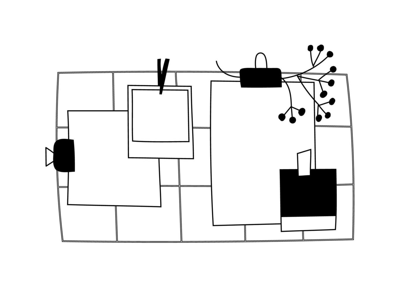 cuadrícula de pared dibujada a mano para fotos, recuerdos o notas. esquema de cuadrícula de bricolaje. una oficina en casa versátil con fotos adjuntas, papel, collage. ilustración vectorial aislada del panel de pared organizacional. vector