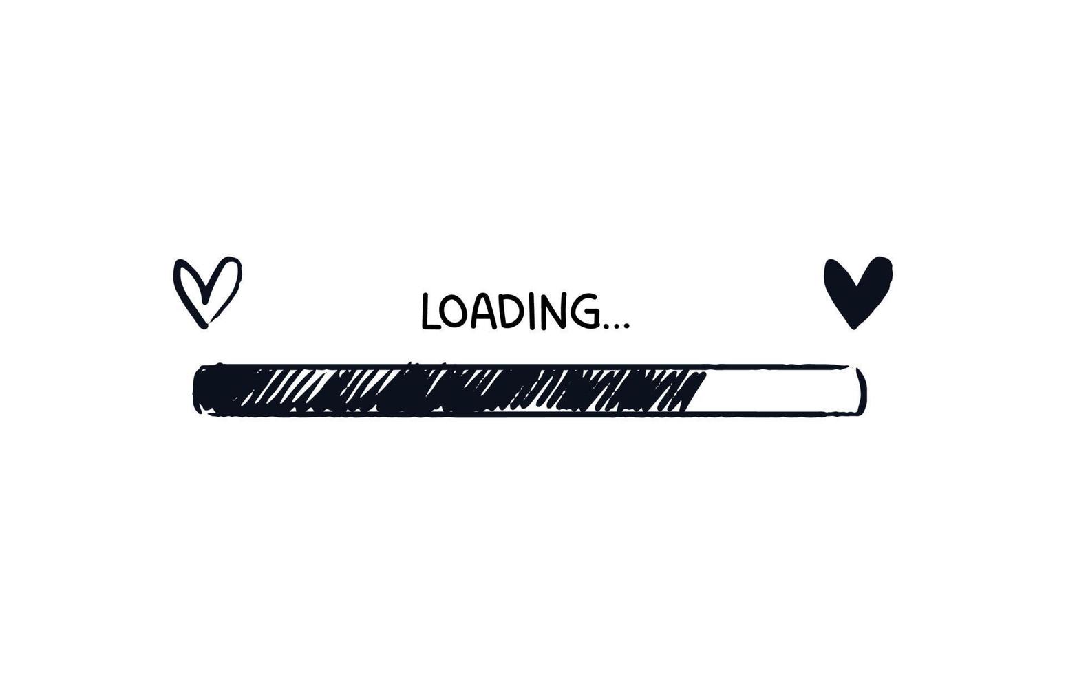 Shaded loading bar with hearts. Hand-drawn stroked progress bar with love. Black on white concept of web page upload with signature. Vector illustration isolated on white background.