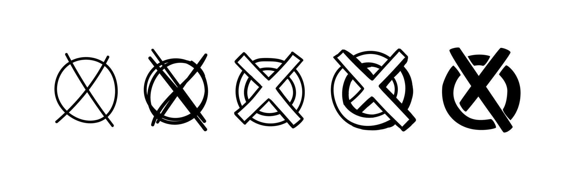 Set of crossed out circles. Hand-Drawn Scribble Checkboxes x. Vector illustration of different check marks of error, wrong writing.