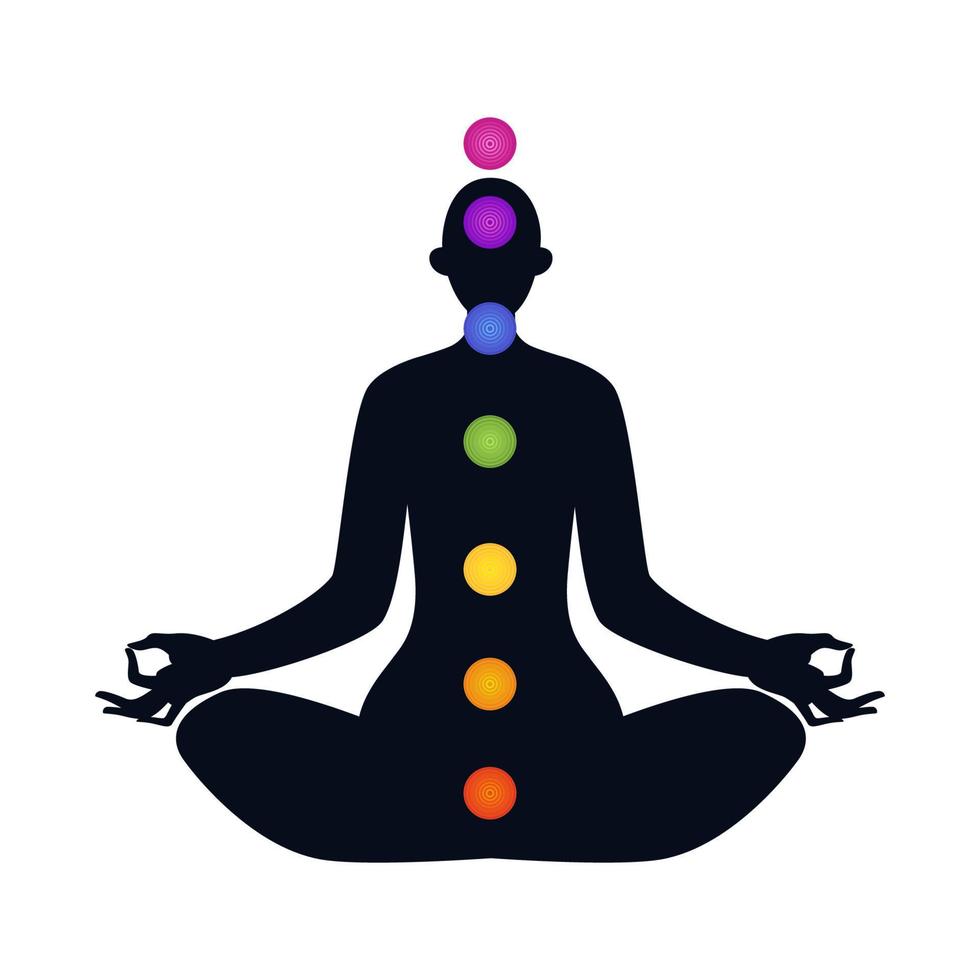Female body in lotus position isolated. Seven chakras inside the silhouette of a person. Colored vector illustration of a female silhouette on a white background.