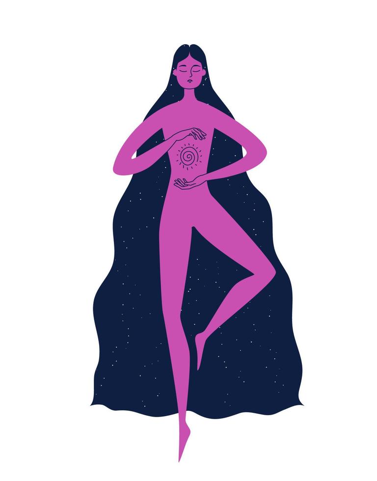 Free Woman meditates in the air. In her long hair, small stars of the night sky are visible. He holds the energy of Reiki in his hands. Color vector illustration of a girl in harmony.