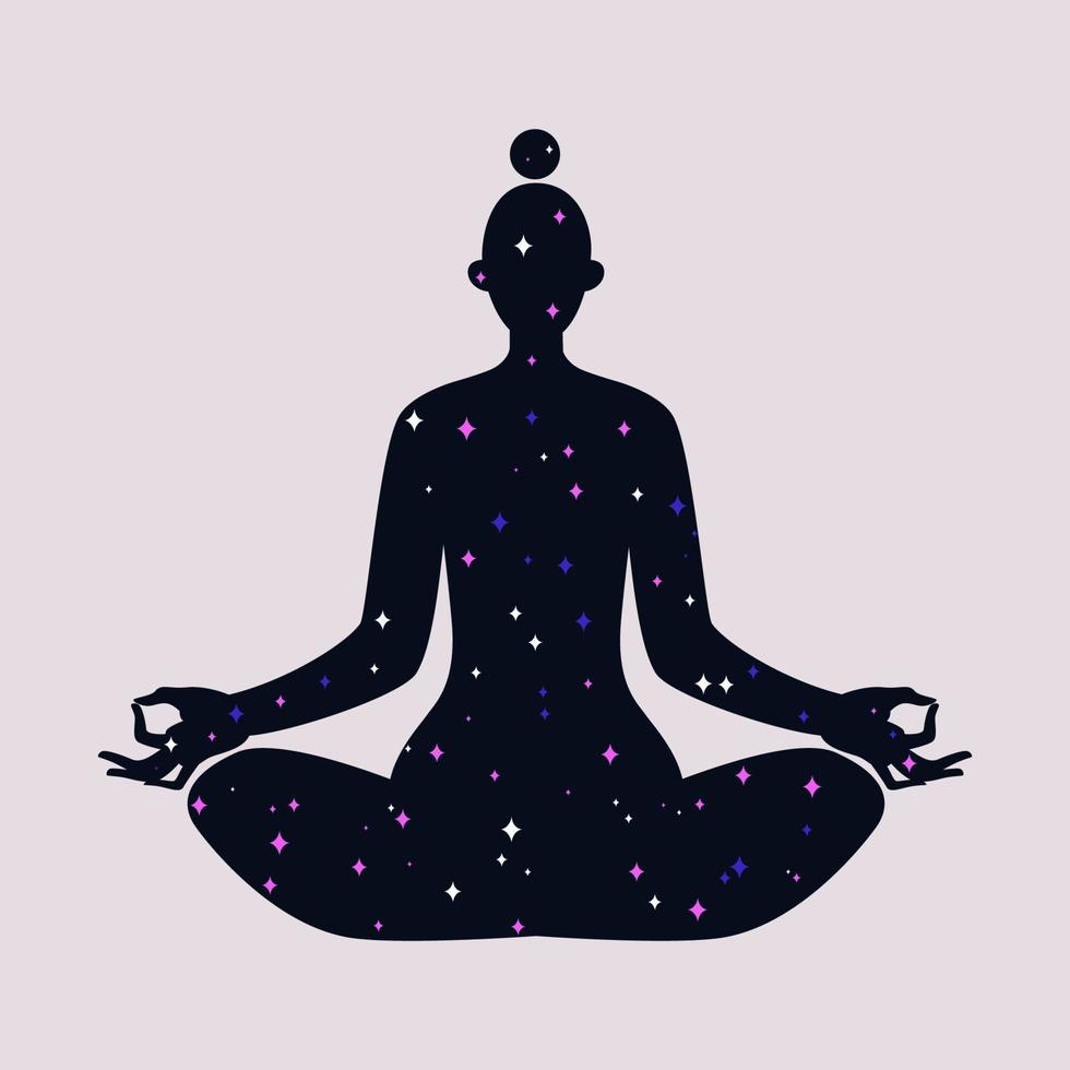 Female silhouette in the lotus position. Inside the body is a night starry sky with twinkling stars. Woman trapped in space. Color vector illustration of a girl in harmony.