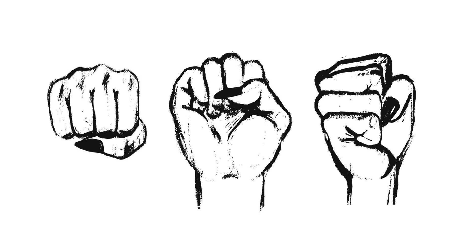 Hand-drawn punch black gesture on white. Set of female fists from different angles. Vector illustration of female hands with long nails isolated.