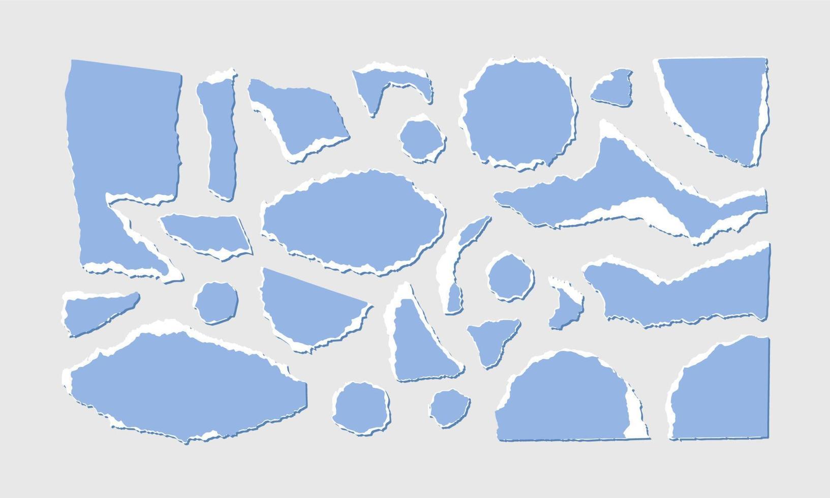 Torn blue paper with white edge isolated on grey background. Vector illustration of small scraps of torn paper of different sizes and shapes. Crumbled colored pieces of pages.