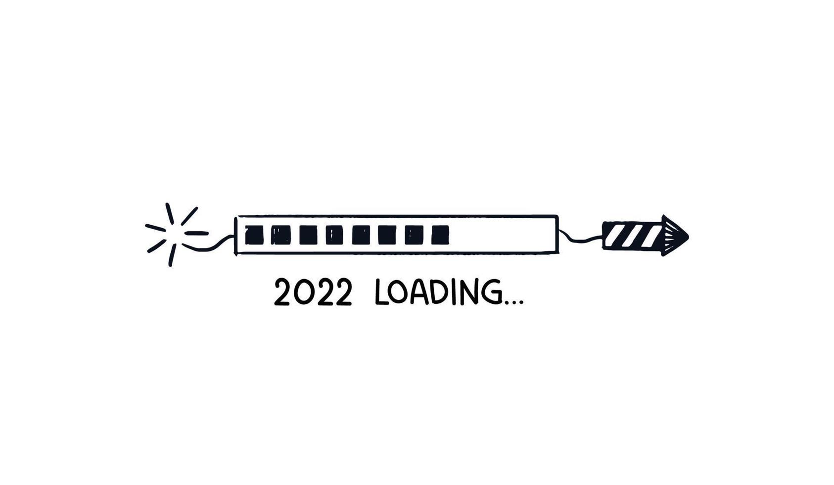 2022 rocket loading bar. Doodle download bar painted striped firecracker with pointed tip. Vector Hand-drawn sketch with quote from below isolated on white background.