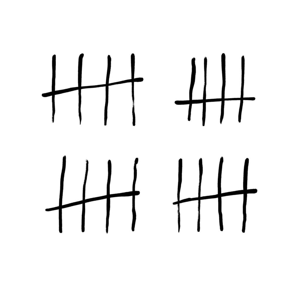 Tally marks or hand-drawn prison signs isolated. Four sticks crossed out by the fifth stick. Vector illustration of black marks, lines crossed out with a diagonal line.