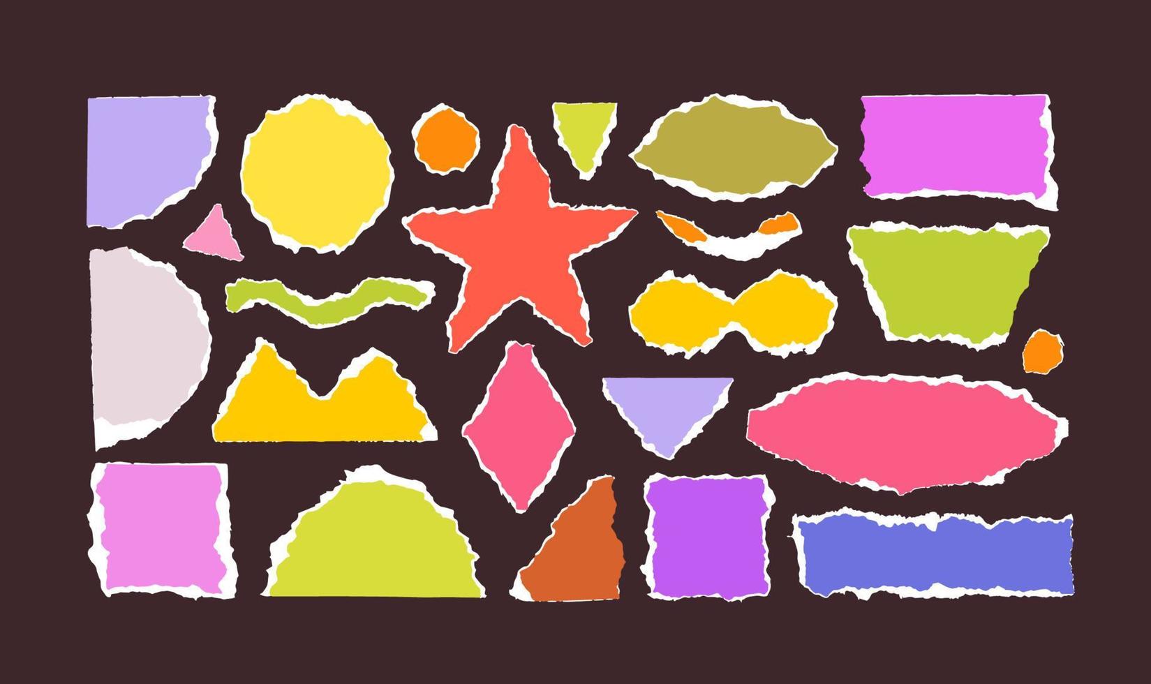 formas geométricas rotas de colores. juego de papel de colores rotos con borde blanco de diferentes formas geométricas aisladas. fragmentos vectoriales de círculo, cuadrado, estrella, semicírculo, elipse. vector