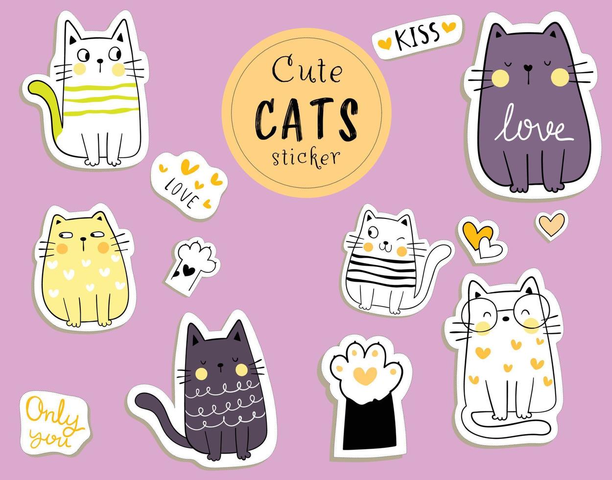 Draw collection stickers funny cat in love concept vector