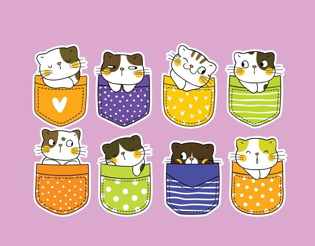 Doodle pocket cats. Kitten in pockets, happy cartoon cute cat vector