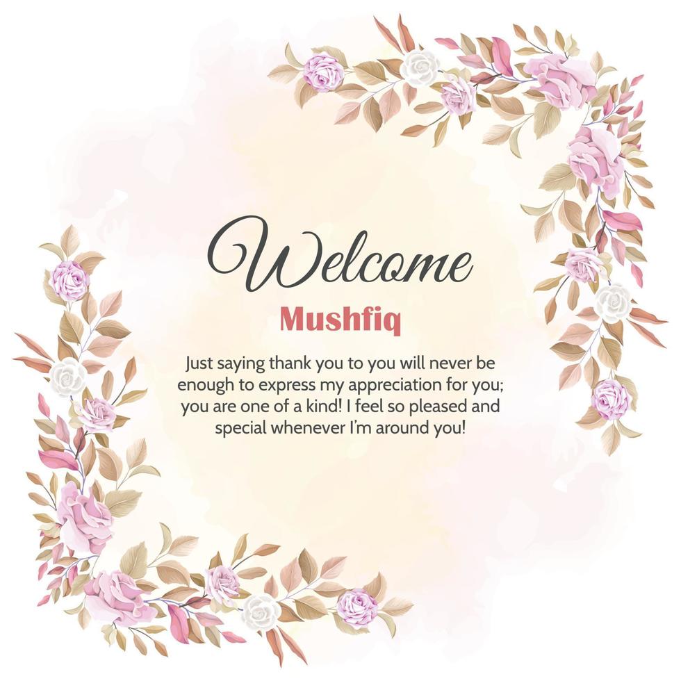 Welcome card with vintage pink rose corner and watercolor background vector