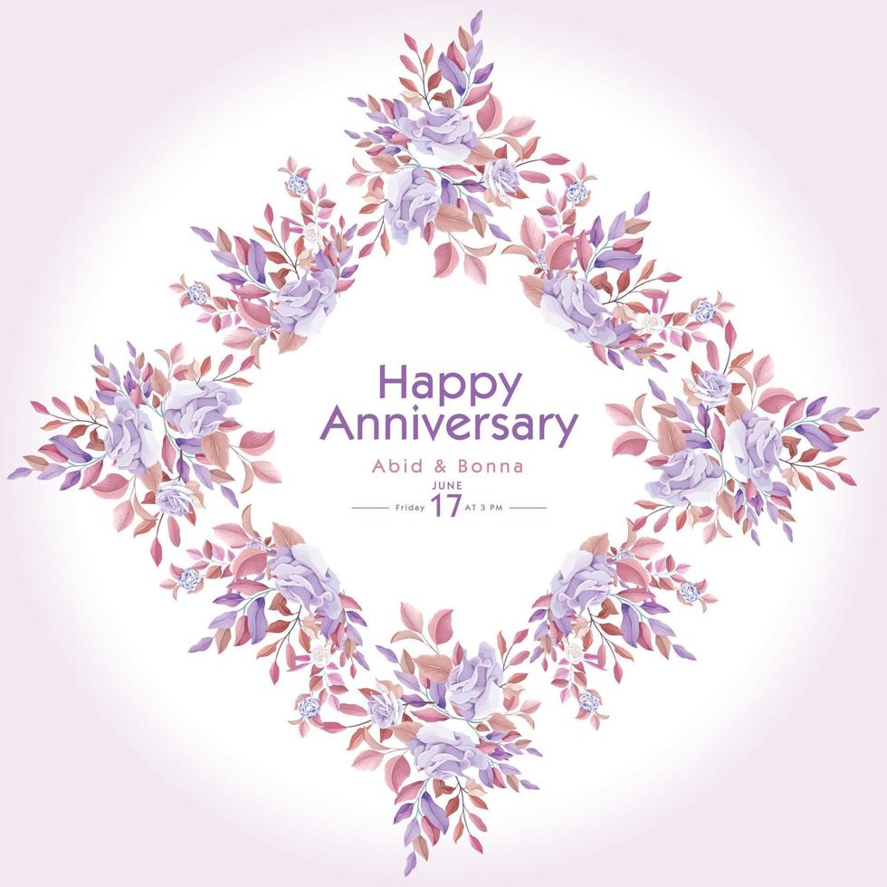 Square pink and purple rose frame vintage look anniversary invitation card vector